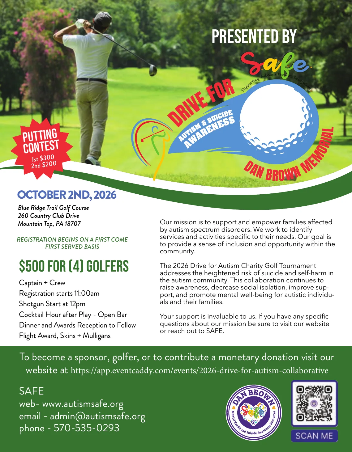 2026 Drive for Autism flyer with tournament date, location, schedule, player pricing, and mission information