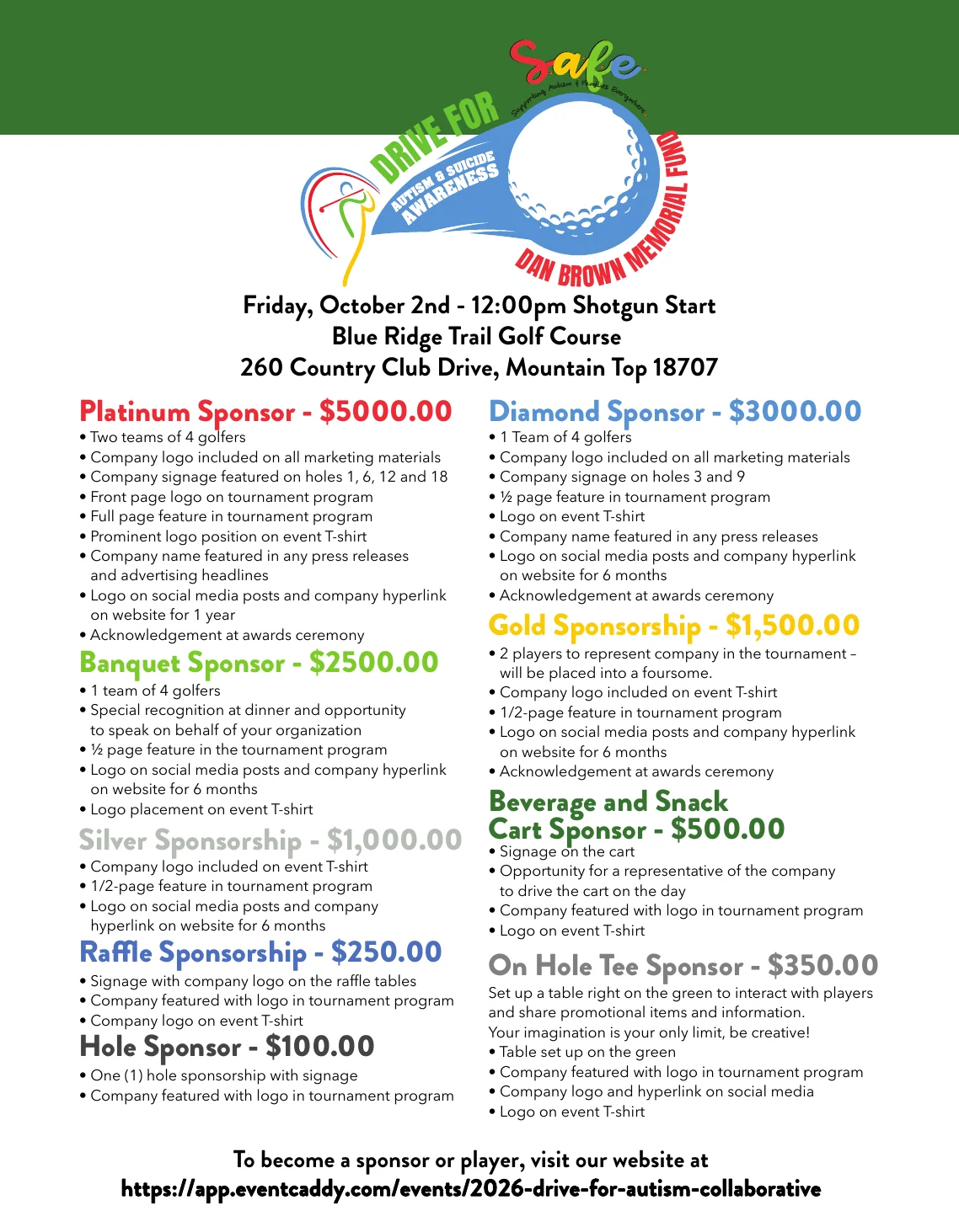 2026 Drive for Autism flyer page listing sponsorship levels and benefits